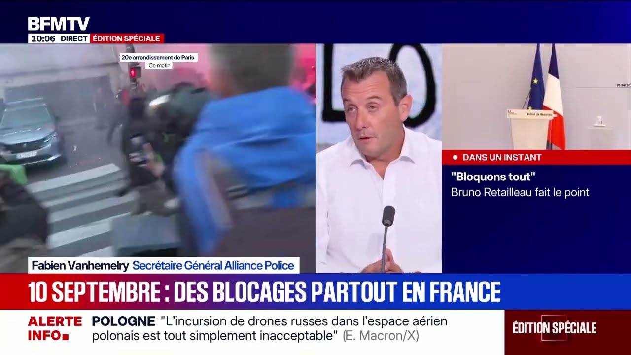 Interview – Fabien VANHEMELRYCK (SG ALLIANCE POLICE) sur BFM : BLOCAGES DU 10 SEPTEMBRE