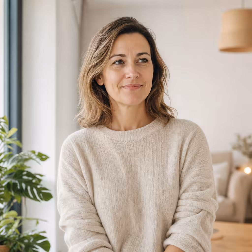Femme souriante dans un salon lumineux.