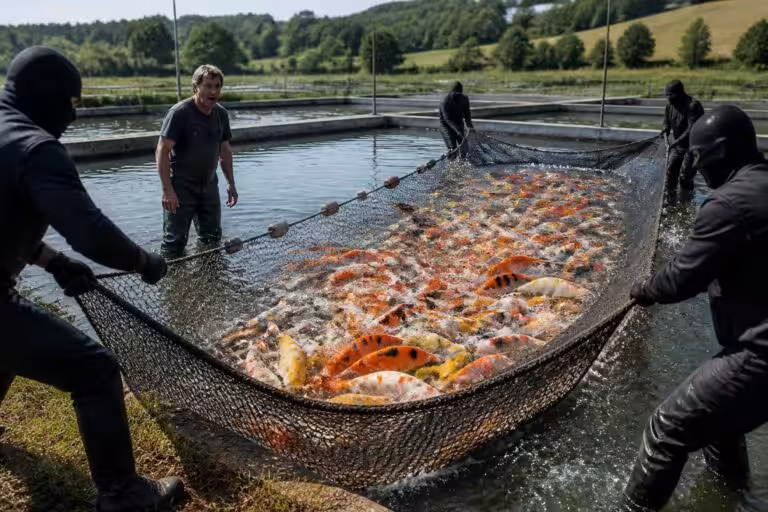 un cambriolage spectaculaire chez un éleveur français : plus de 200 carpes koï dérobées lors d'un coup de filet aquatique exceptionnel.